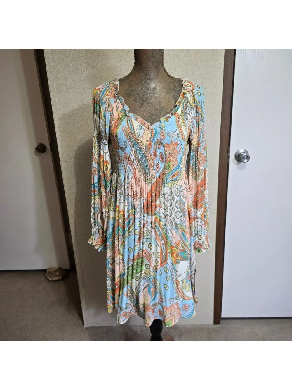 NEW Sunny Leigh Small Paisley Boho Long Sleeve Blue Ruffle Collar Swing Dress - Picture 1 of 4